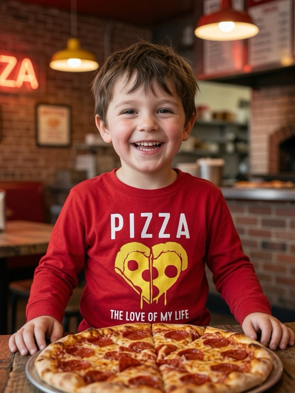 ‘Pizza the Love of my Life’ Long-Sleeve Tee with Yellow Pizza Heart Graphic